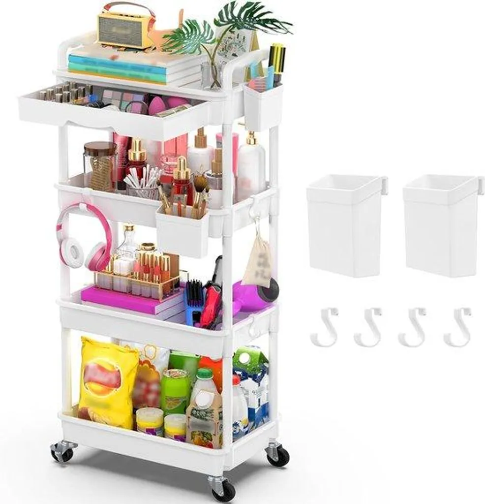 Chariot de rangement avec boîte à outils et plateau plastique blanc
