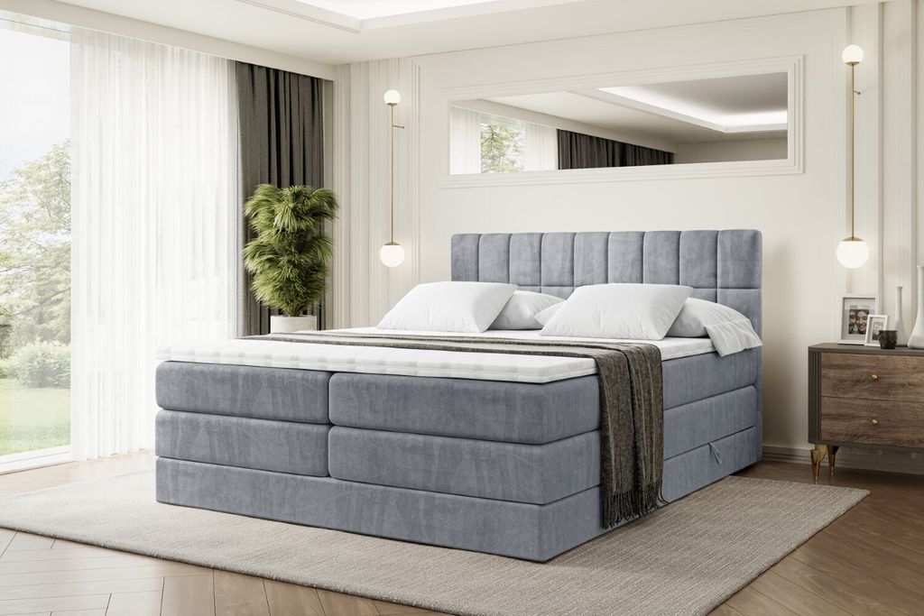 ALTDECOR Boxspringbett mit 2 Matratzen und Topper - 160x200 cm - MIAMI KING - Grau Samt - Polsterbett mit, H3- und H4- Matratzen, Bettkasten und La...