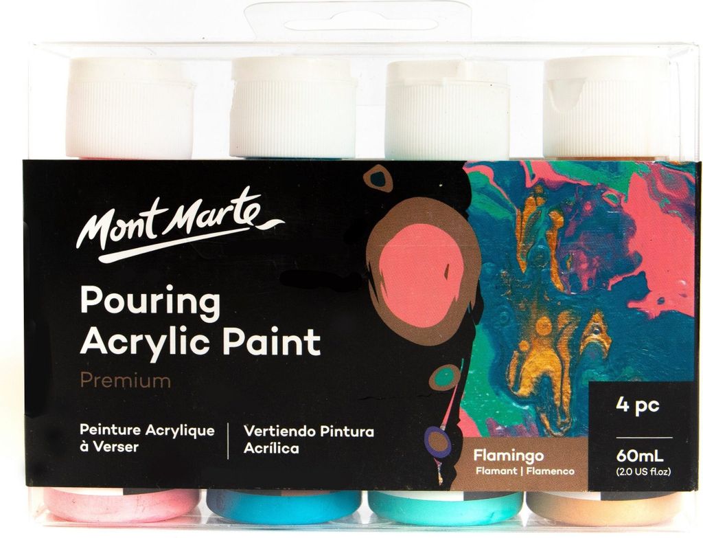 Mont Marte Bastelfarbe PREMIUM Pouring Acrylfarbe, Gieß-Acryl, je 4 x 60 ml, Farbe Flamingo,Untereinander vermischbar & bereits mit Medium vorgemi...