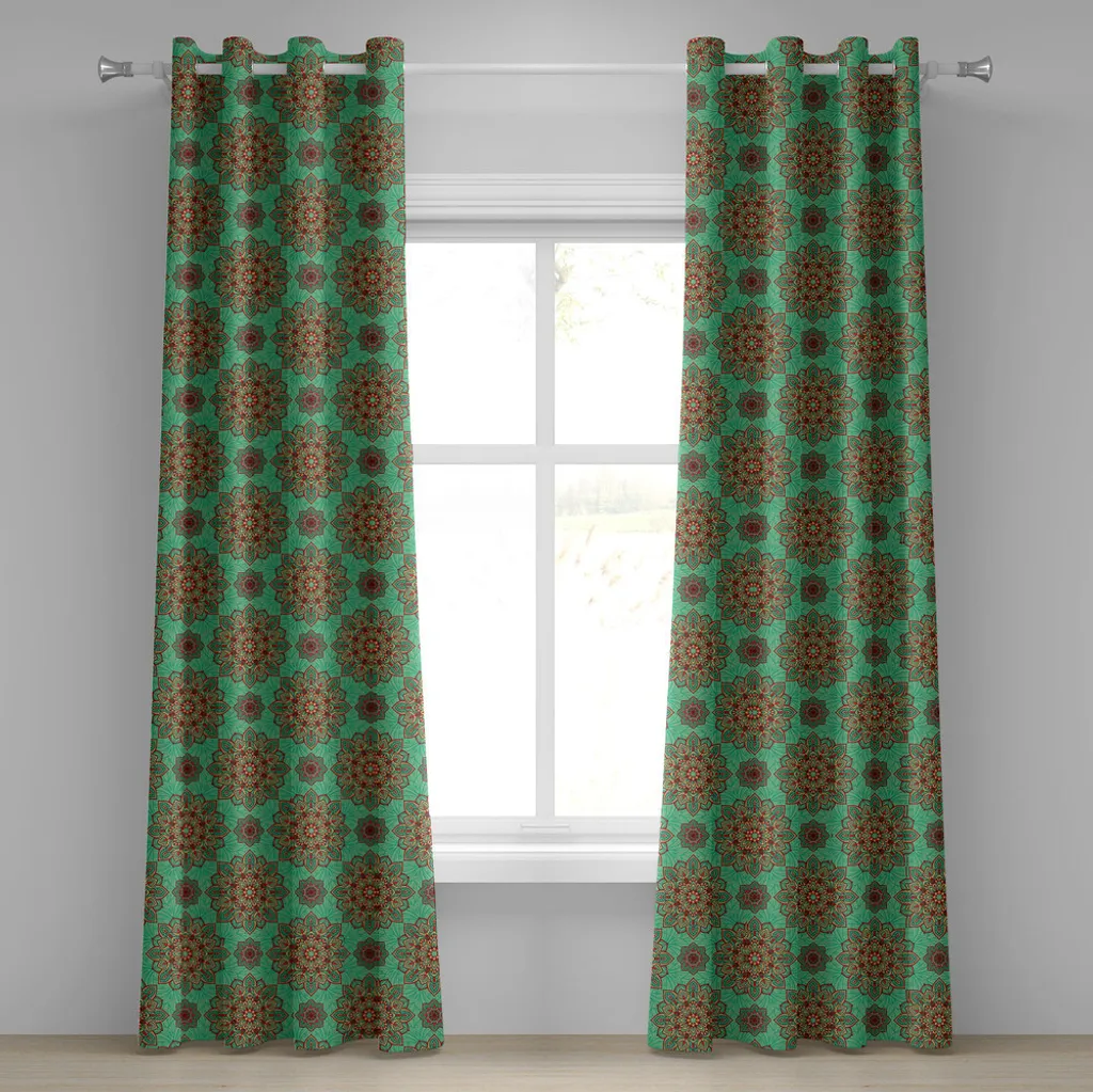 ABAKUHAUS Tenda con occhielli turchese, motivo orientale Arte tribale geometrica tradizionale asiatica, tende decorative a 2 pannelli per finestre, 280 cm x 245 cm, verde giallo rosso