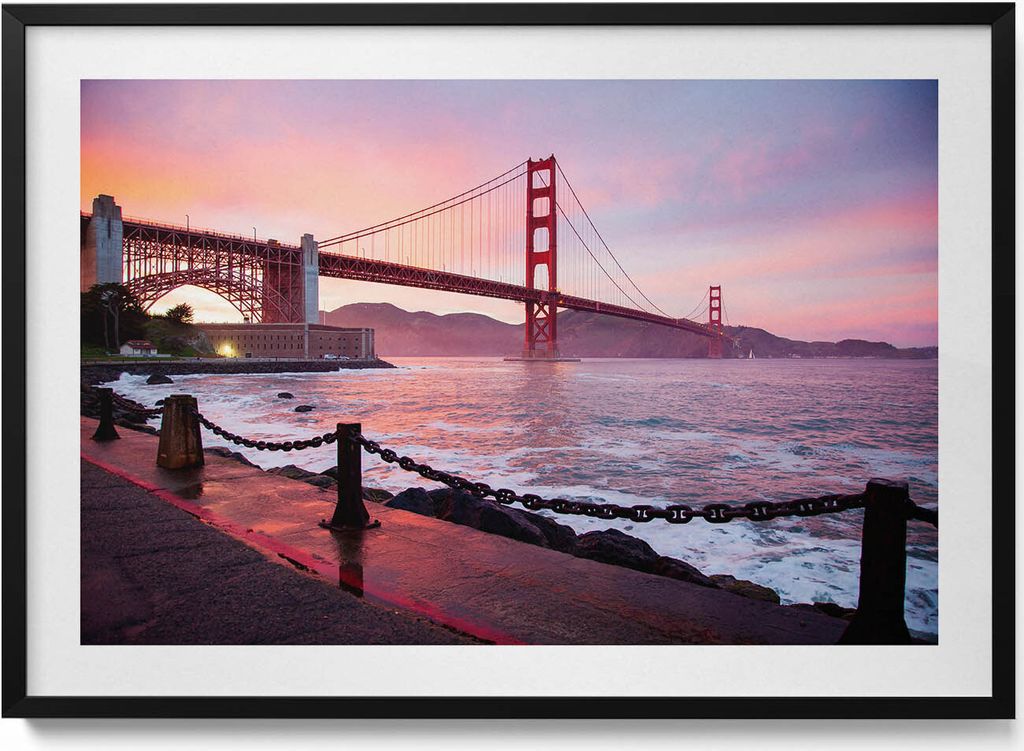 Blick auf die Golden Gate Bridge– Wandbild mit Rahmen – Gerahmtes Bild – Wanddekoration – 100x70 cm – Schwarz Rahmen