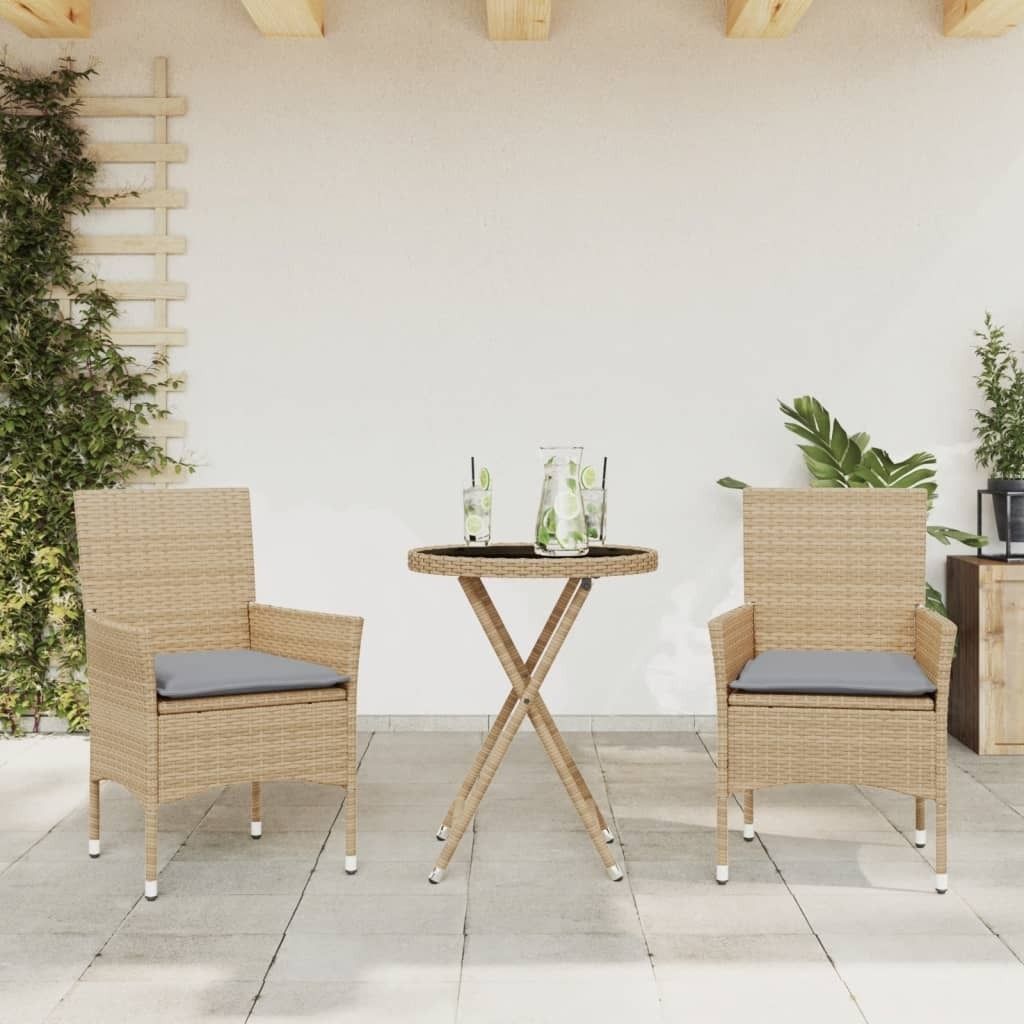 Praktischen Gartenmöbel Set Balkonmöbel-Set 3-tlg. Bistro-Set mit Kissen Beige Poly Rattan und Glas - Gartenmöbelgarnituren ,design Möbel 81583...