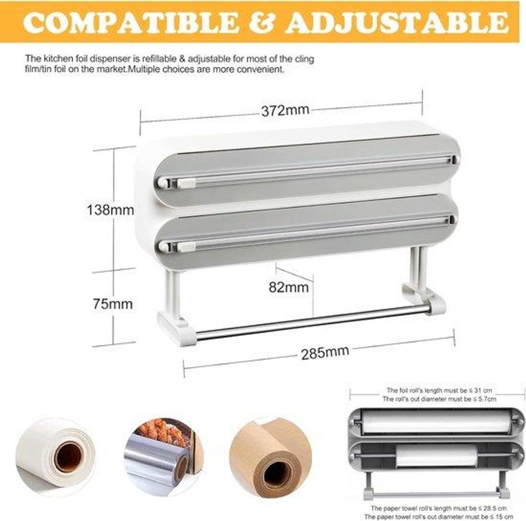 Küchenrolle mit 3-fach Folienmesser, magnetisch, weiß, Aluminium
