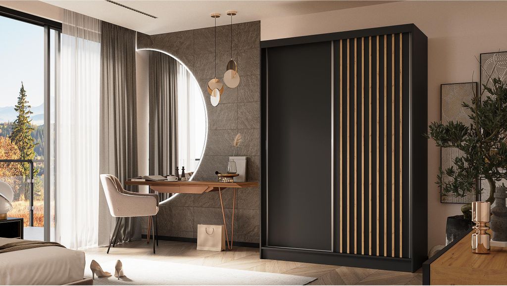 Kleiderschrank mit Lamellen LINEA 150 cm Schwarzer Schiebekleiderschrank mit Lamellen Eiche Artisan an der Front Glatter zweitüriger Kleiderschran...