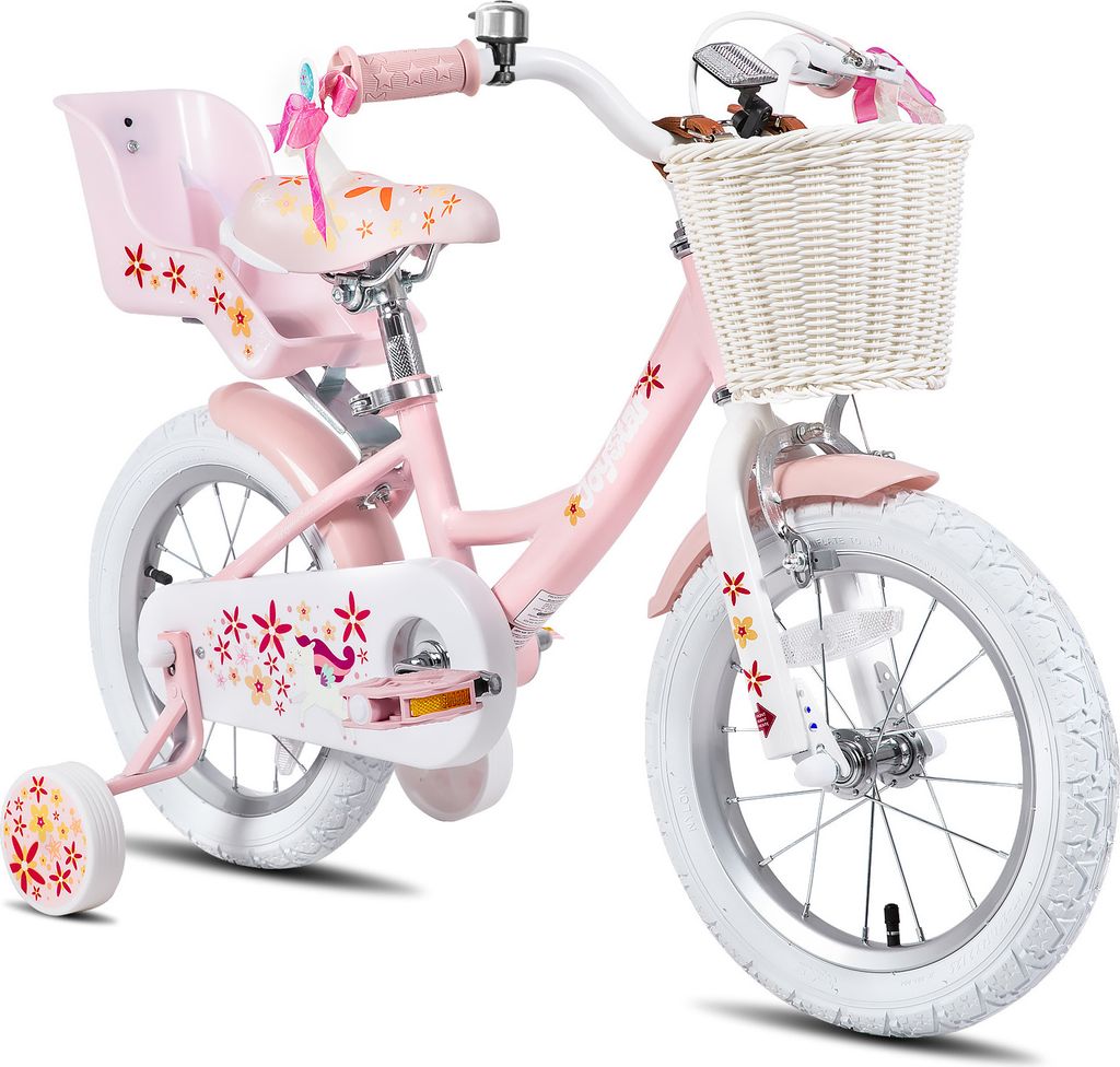 HILAND Joystar 16 Zoll Kinderfahrräder Mädchen mit Puppensitz, Stützräder, Korb, Schutzbleche, V-Brake-Bremsen, Rosa