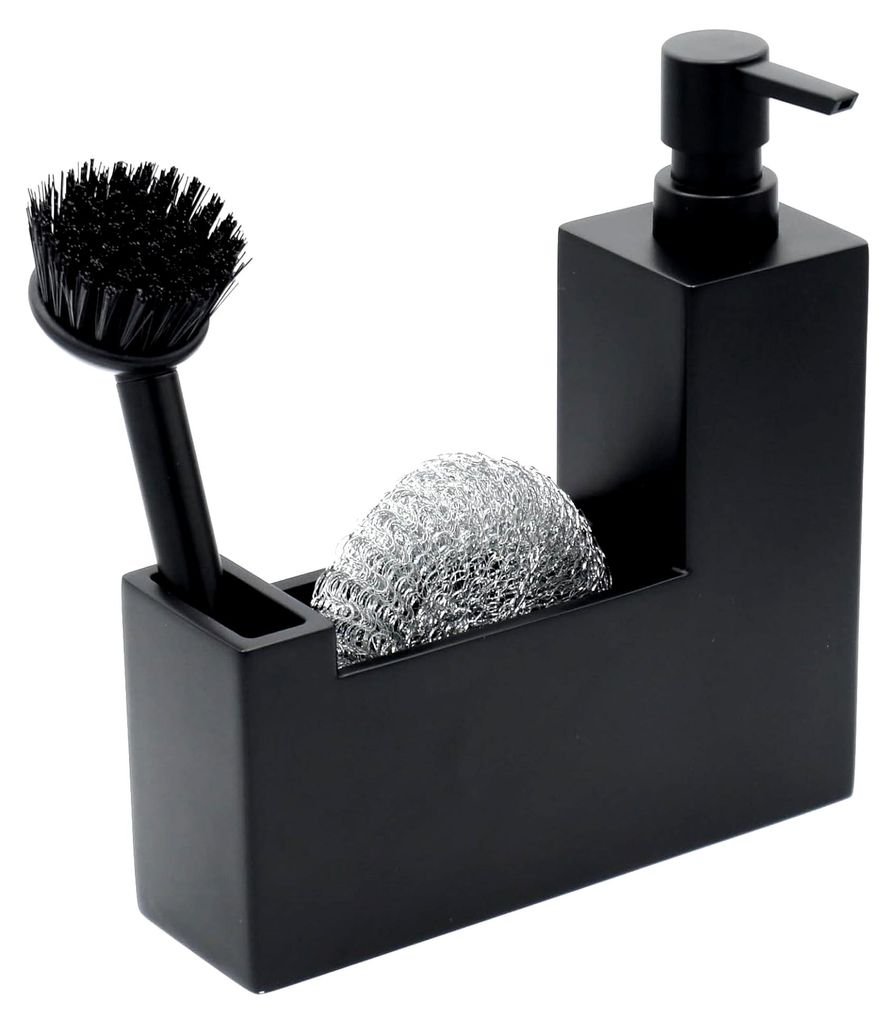 Küchen Organizer Spüle – matt-schwarzem Kunststein Waschbecken Organizer mit Seifenspender, Bürste & Metallschwamm – Modern & stilvoll