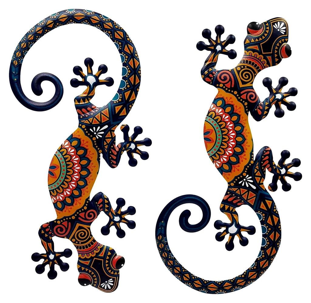 Metall-Echsen Wanddekoration im 2er-Set, 38 cm - Wetterfeste Gecko-Skulptur für Garten, Zaun und Wohnräume, goldfarben (Innen und Außen)