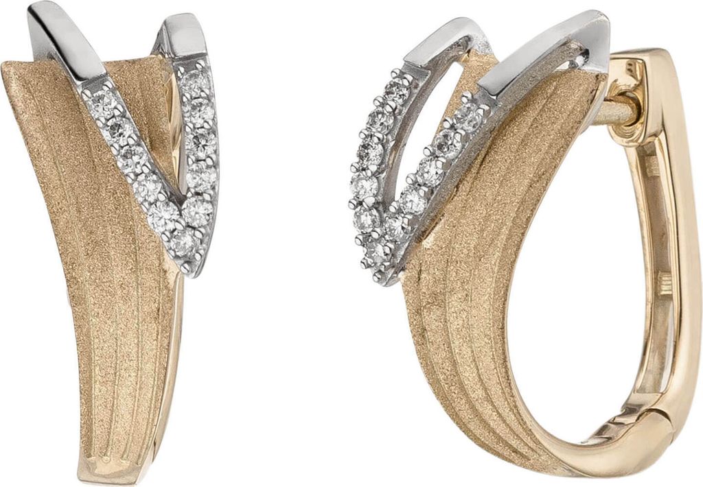 Ohrringe Creolen 15x6,8mm 585 Gold Gelbgold bicolor matt 22 Brillanten 0,1 Ct.