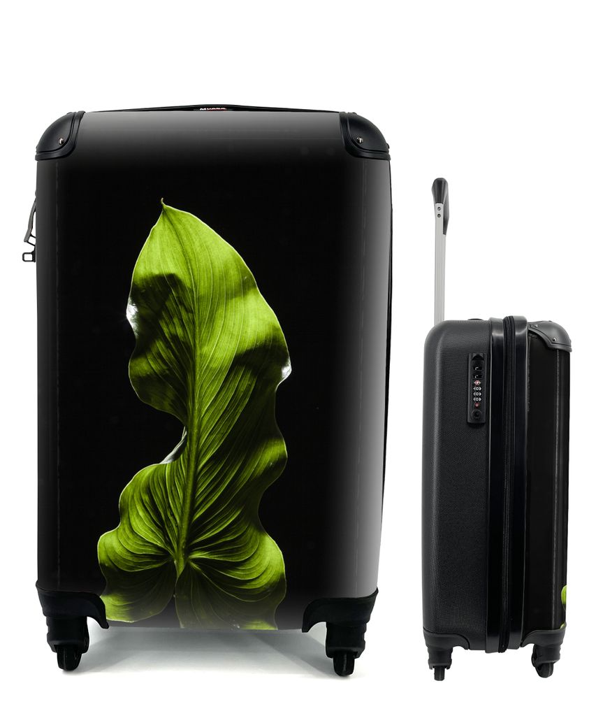 MuchoWow Koffer Handgepäck Trolley Rollkoffer Kleine Reisekoffer mit 4 Rollen - Ein grünes Blatt auf schwarzem Hintergrund - Cabin Size < 55x40...