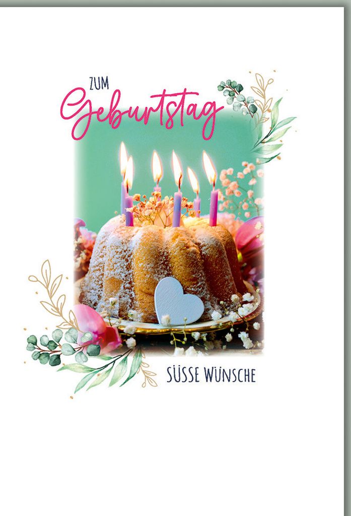 Geburtstag - Karte mit Umschlag - Gugelhupf, Blumenranke