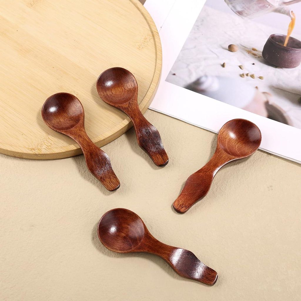 4 Stück Kleine Holzlöffel - 10 cm Mini Gewürzlöffel - Braune Kleine Löffel für Gewürze - Runde Holzsuppenlöffel für Salz Zucker Honig Sauc...