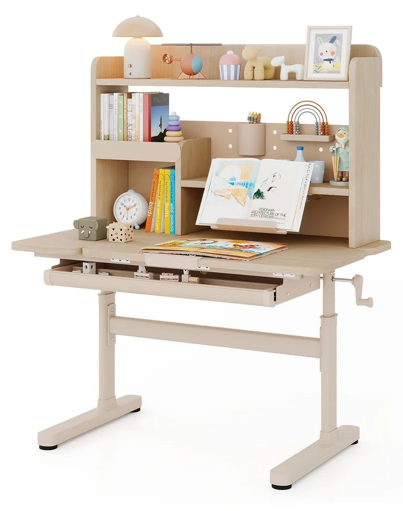 Petit bureau scolaire évolutif avec étagère de rangement et grand tiroir