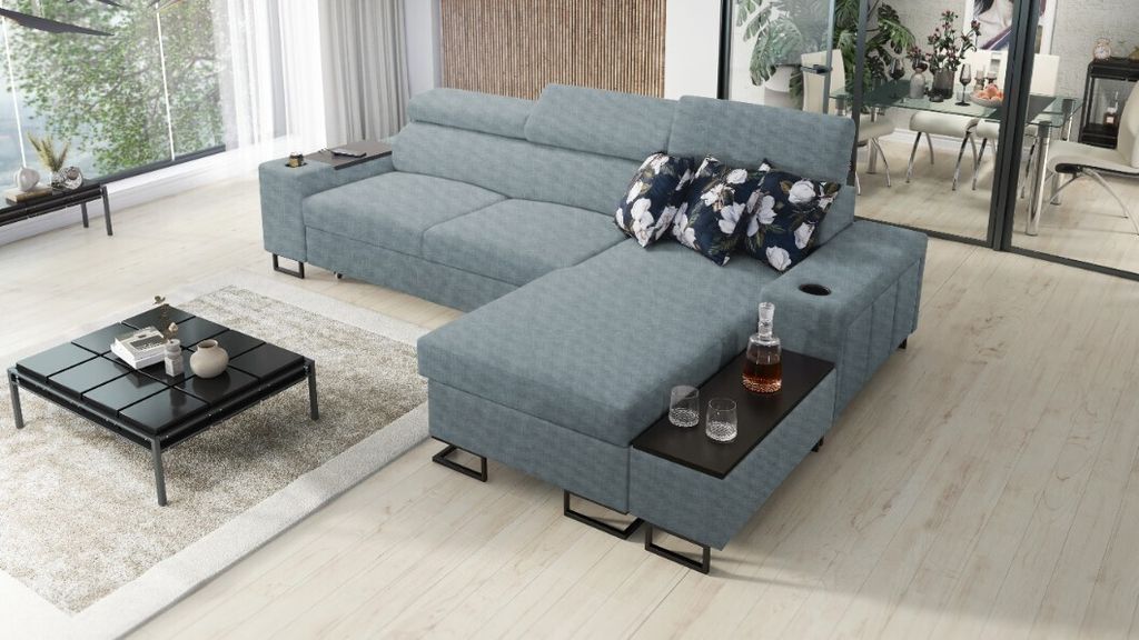 Kaiser Möbel s,modernes Ecksofa MELODY I MAXI mit Usb und Regal Sawana Blaugrau Rechts