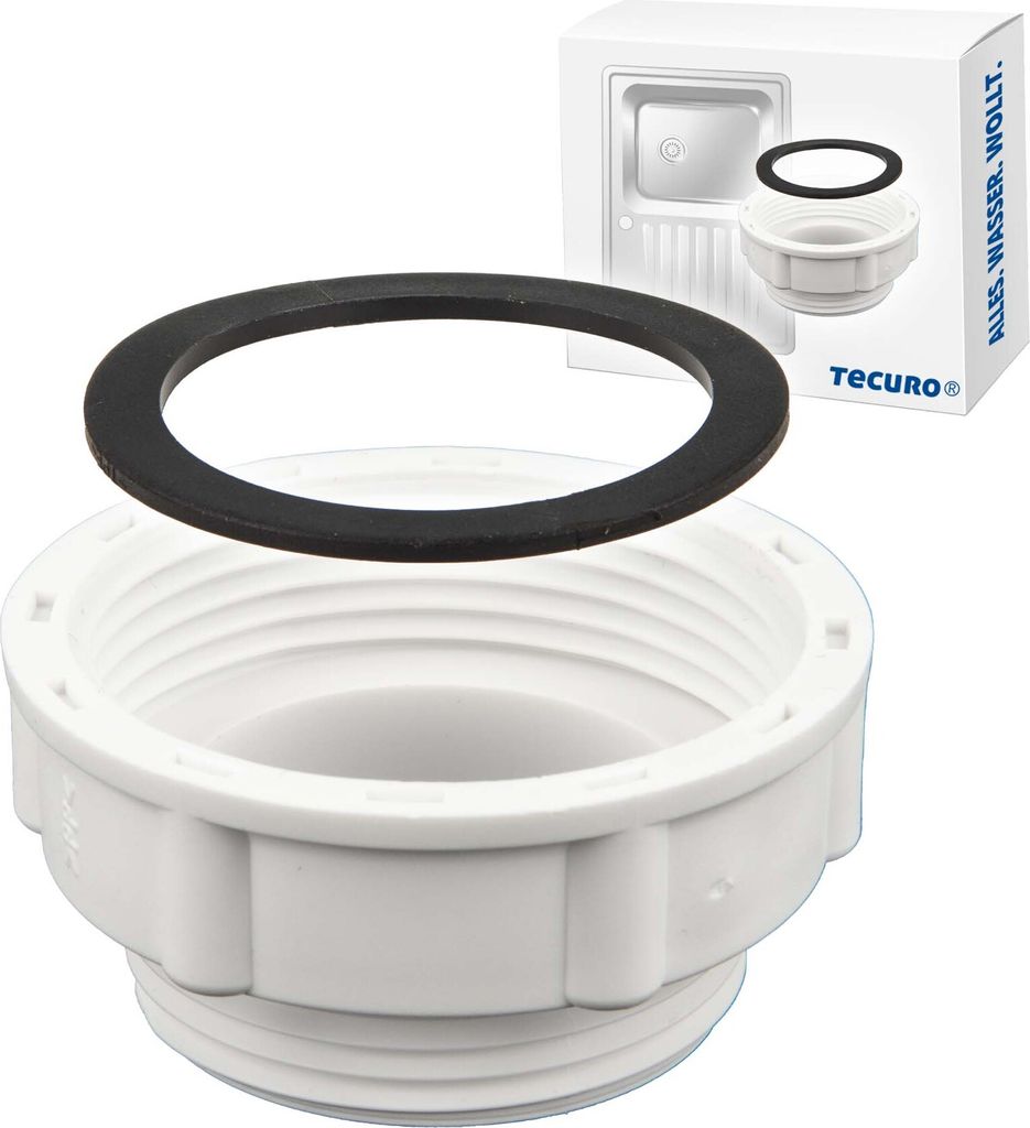 A white plastic plumbing adapter with a black rubber gasket in front of a product box.