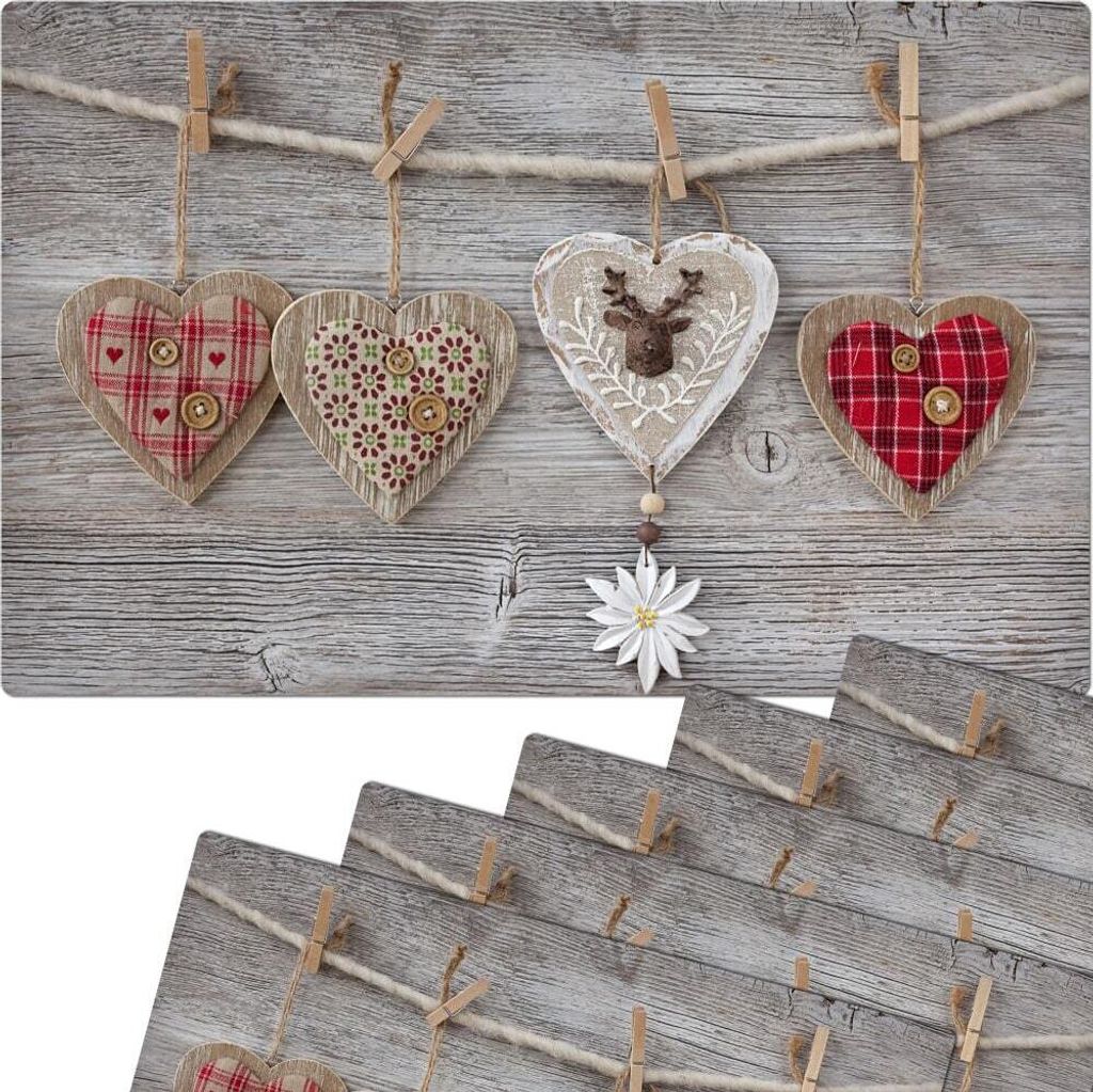 Abwaschbare Tischsets 6er Set Landhaus-Stil Herzen & Holz