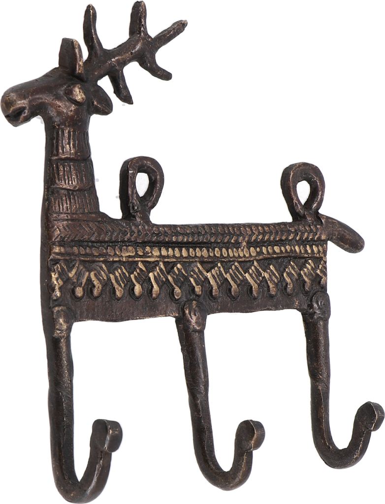 Filigran Verzierter 3`er Messing Wandhaken, Wandgarderobe, Schlüsselhalter mit Gravur - Hirsch / Antikbraun, 13*13*3,5 cm, Wandhaken aus Holz, Met...