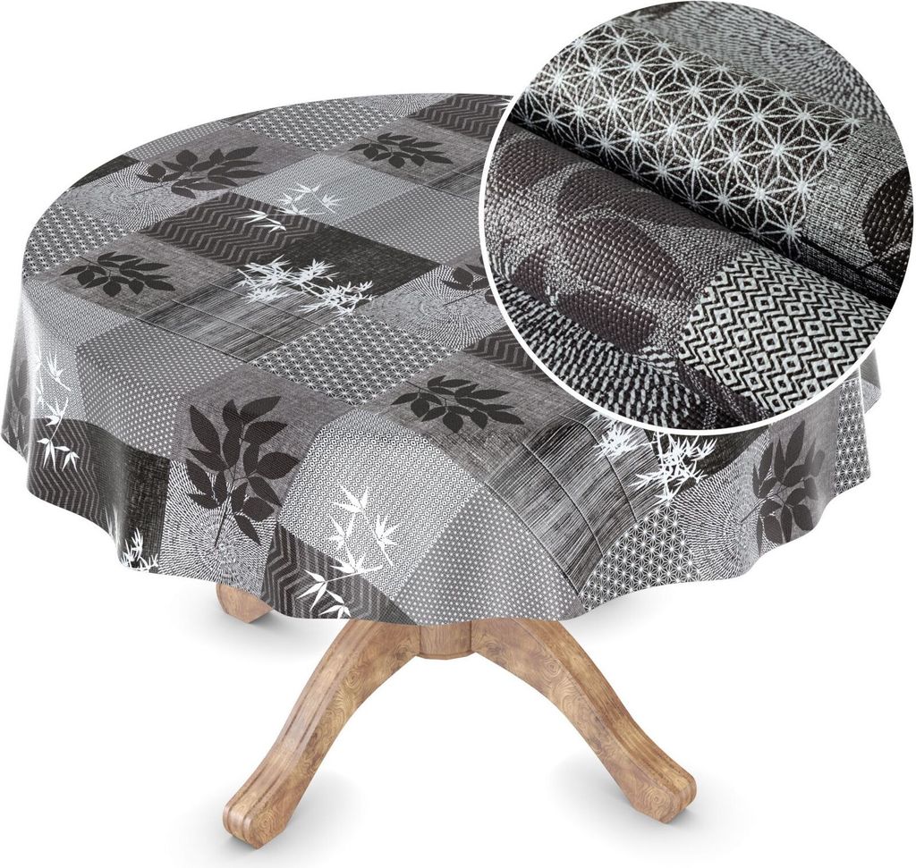 Tischdecke Wachstuch Premium Ornamente Grau Robust Wasserabweisend Rund 100 cm