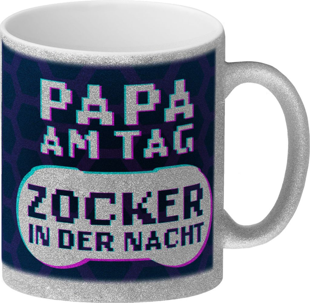 Papa am Tag - Zocker in der Nacht Glitzer-Kaffeebecher für Gamer und Väter