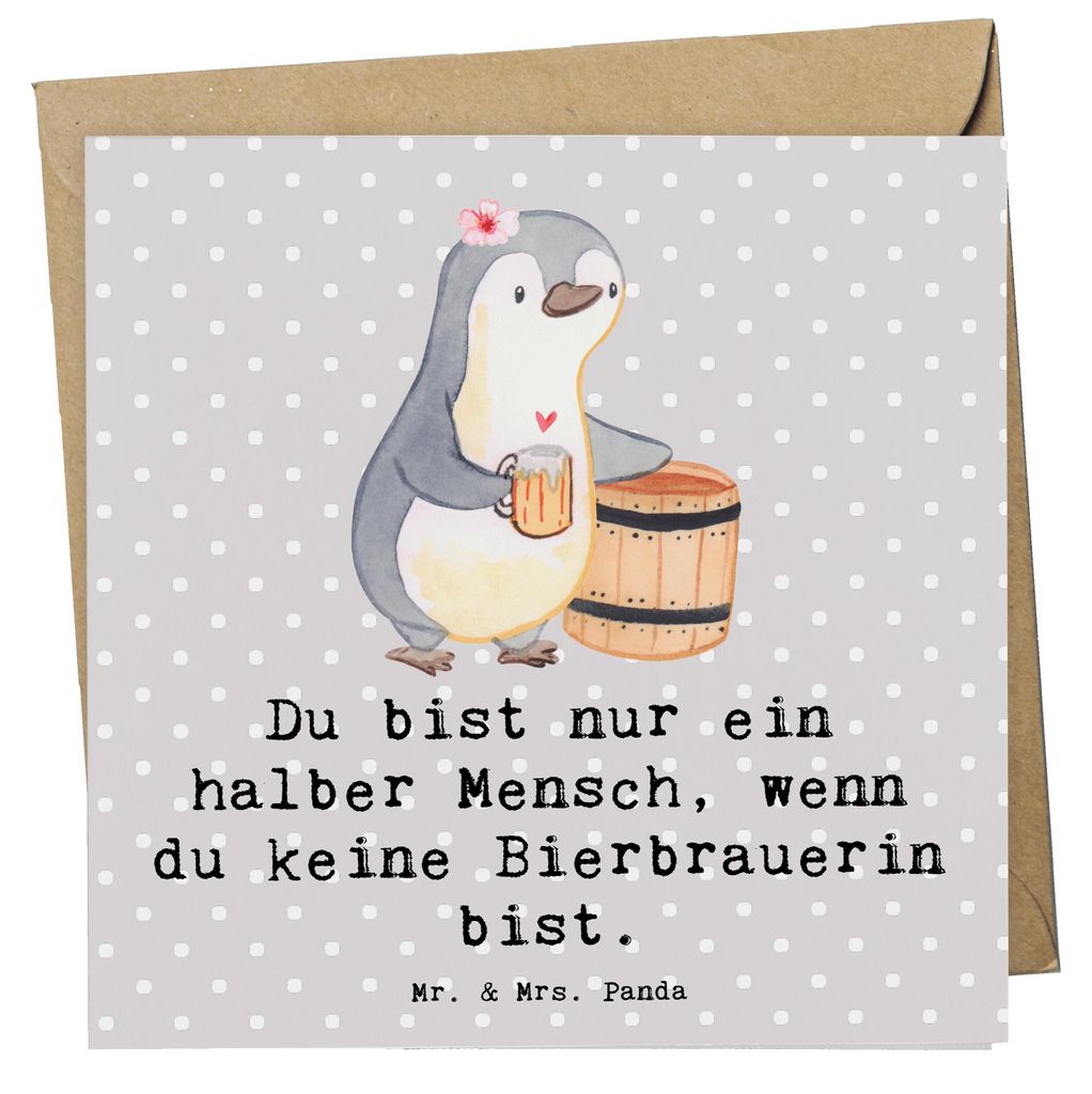 Mr. & Mrs. Panda Klappkarte Bierbrauerin Herz - Grau Pastell - Geschenk, faltkarte, anlasskarte, Bierfass, Glückwunschkarte, doppelkarte, Grußkar...