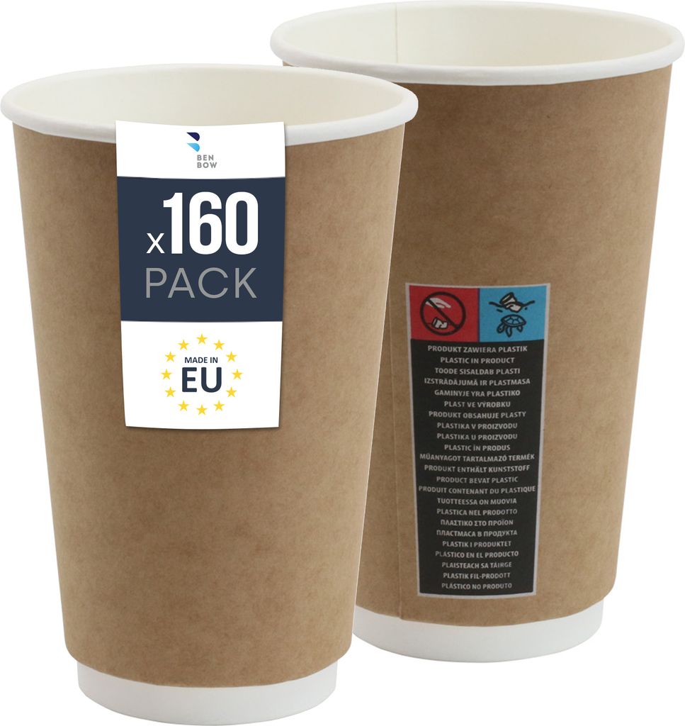 Thermobecher aus Papier 160x – 400-ml-Einwegbecher für Heißgetränke wie Kaffee, Tee und Glühwein