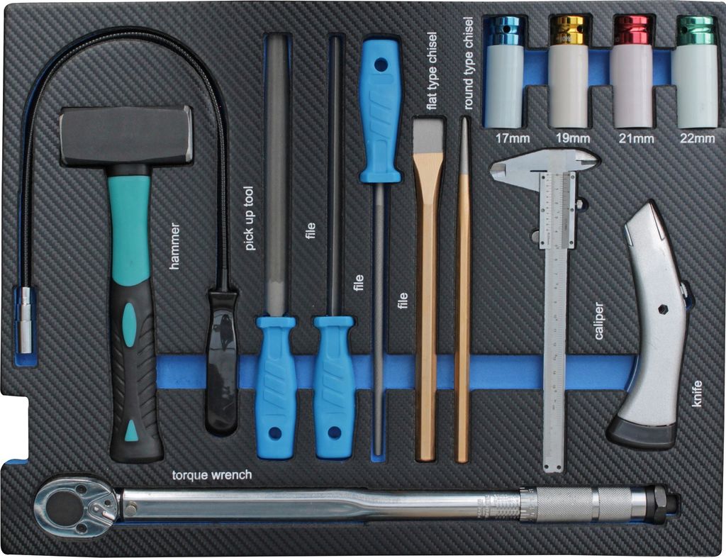 DeTec. Werkzeug-Set-Basic mit 3x Feilen, 2x Meißel, Fäustel, Drehmomentschlüssel Plus 4x Felgennüssen, Schiebelehre | Carbon - Systemeinleger f...