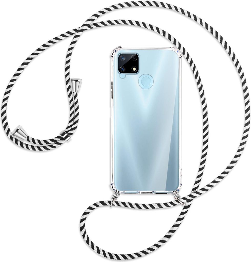 Handykette Backcover-Schutzhülle mit Band (Metall silberfarben) für Realme 7i Global (Realme Narzo 20) - schwarz/weiß gestreift