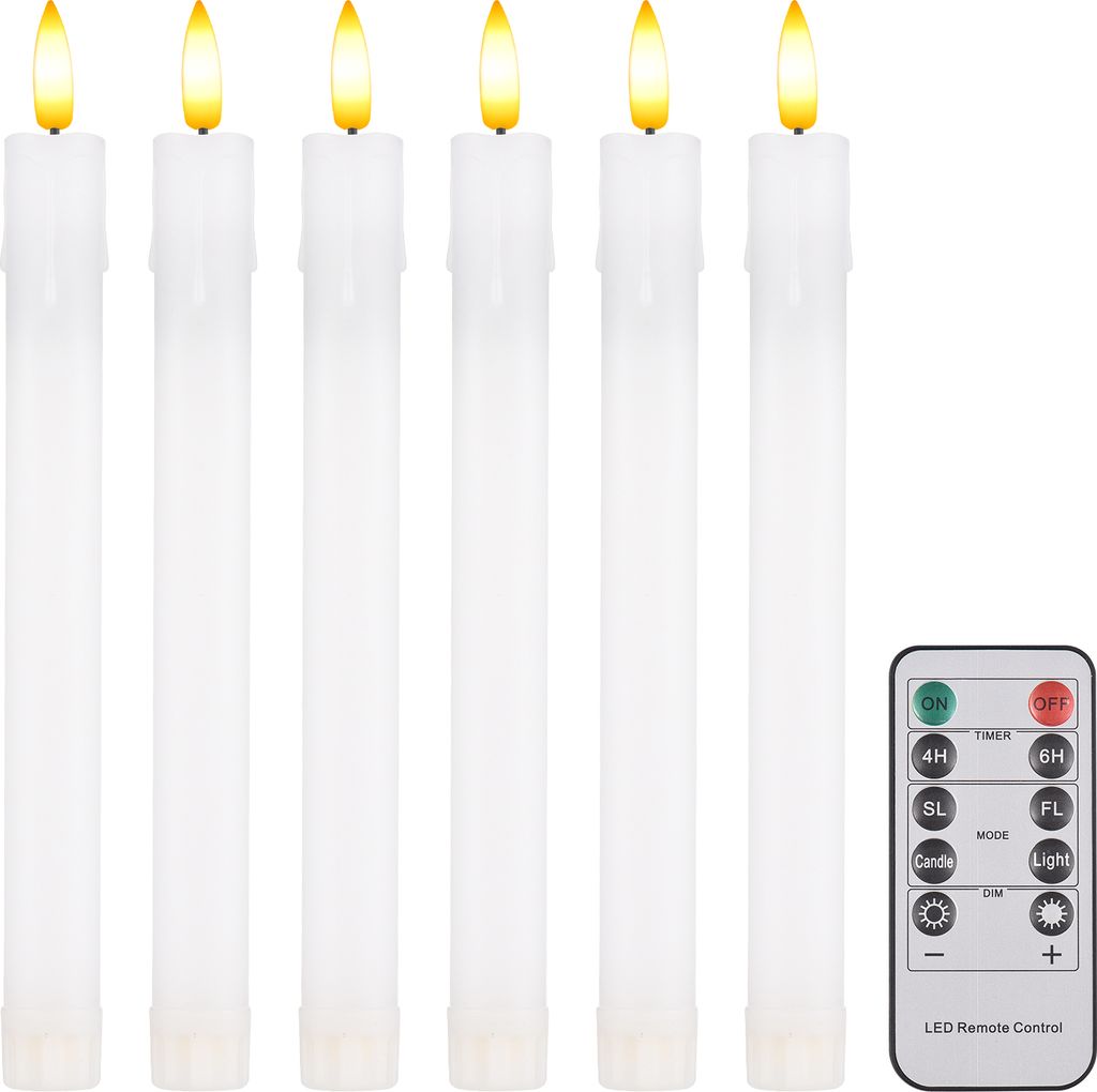 Six white LED candles with flickering yellow and orange flames are arranged in a row. A remote control is placed to the right of the candles.