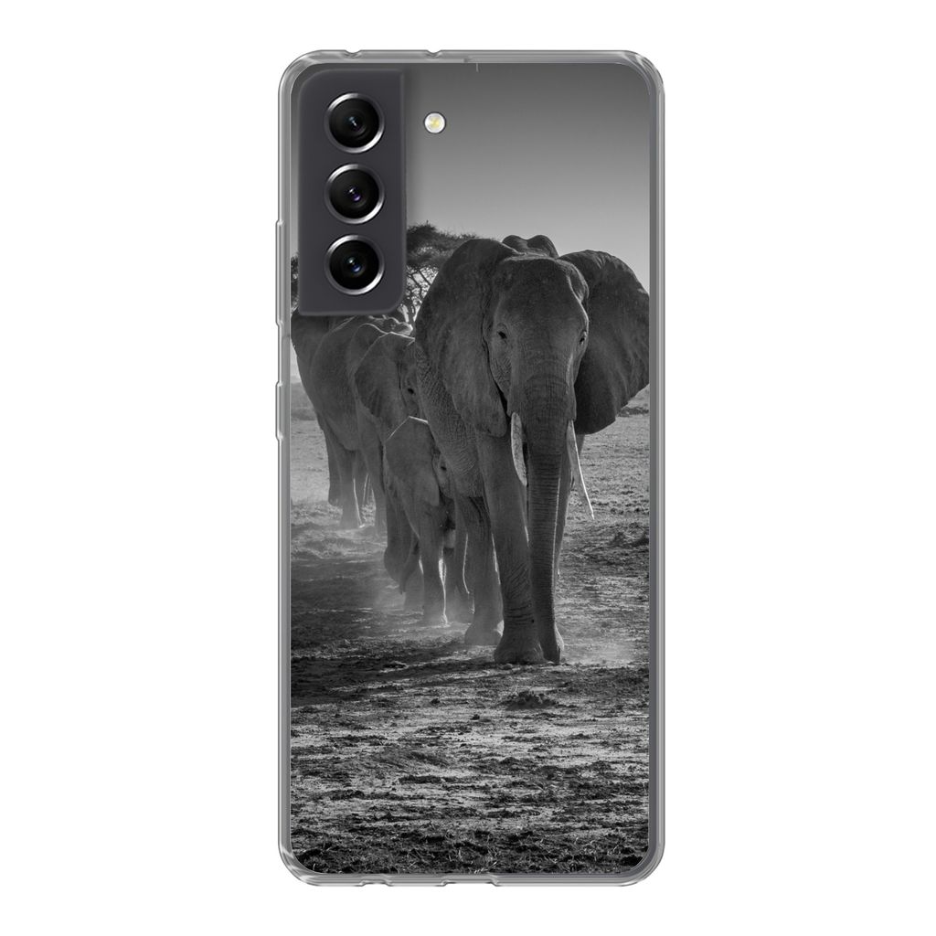 MuchoWow Handyhülle Schutzhülle Hülle für Samsung Galaxy S21 FE Elefant - Einfarbig - Tiere - Schwarz - Weiß Silikon Softcase Handy Hülle -...