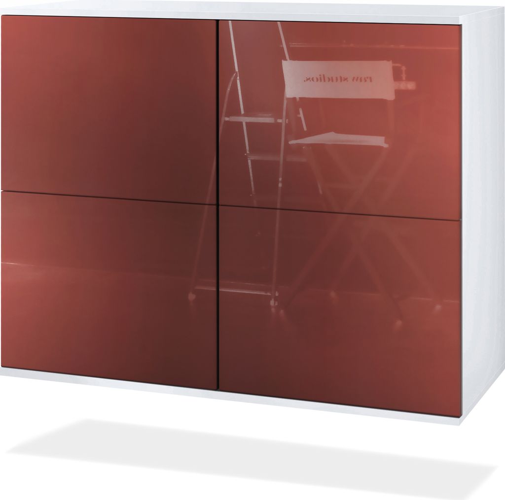 Vladon Kommode Rova V3, Moderner Küchenschrank mit 4 Push-to-Open Türen Weiß matt / Bordeaux Hochglanz (92,5 x 73.5 x 35)