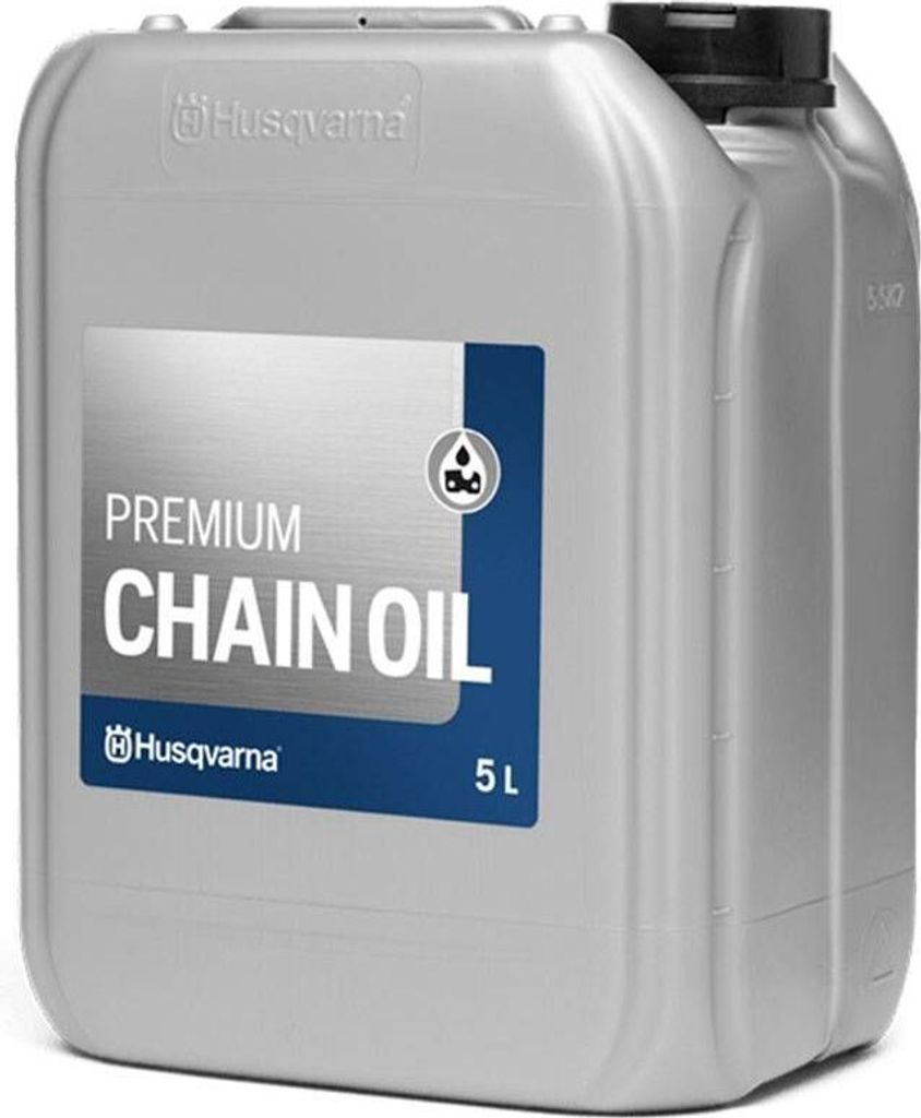 A silver plastic container of Husqvarna chain oil.