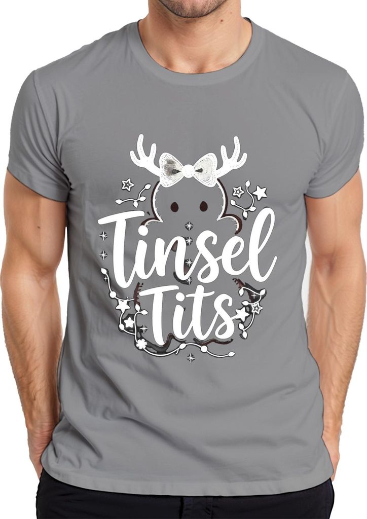Tinsel Tits lustig Weihnachten Geschenk Rentier Geweih Glitzer Herren T-Shirt, Grau, XL