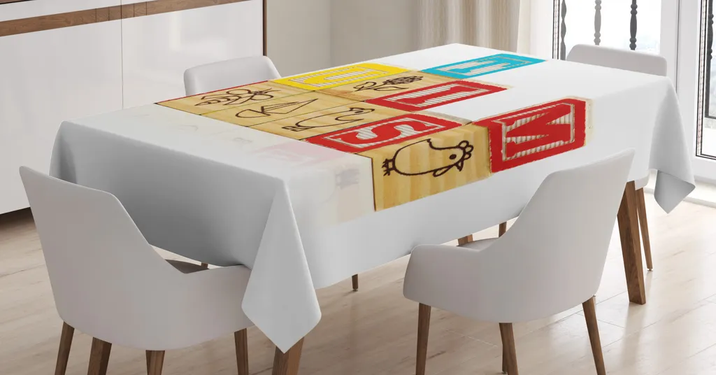 ABAKUHAUS Tovaglia Autismo, Invia un SMS con blocchi impilati, Resistente allo sporco con tecnologia di stampa all'avanguardia Lavabile Colori chiari, 140 x 170 cm, Multicolore