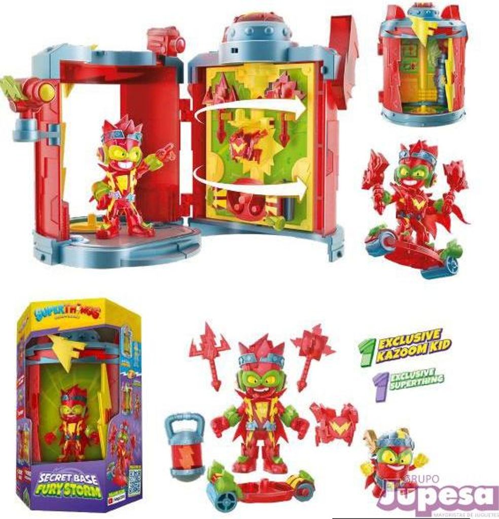 A collage of SuperThings Rivals of Kaboom toys, including a secret base, figures, and accessories.