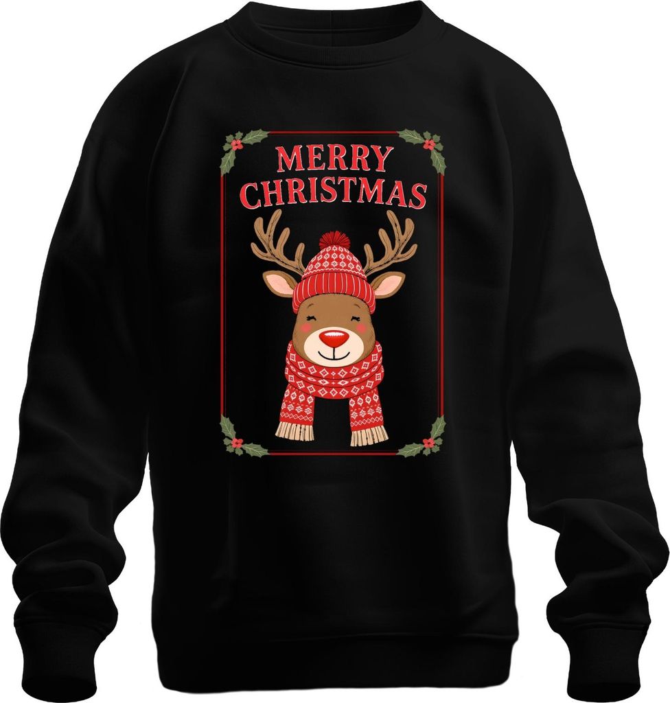 MERRY CHRISTMAS Weihnachtsrentier rote Nase Schal Norweger lustig Uni Sweatshirt Pullover, Schwarz, L