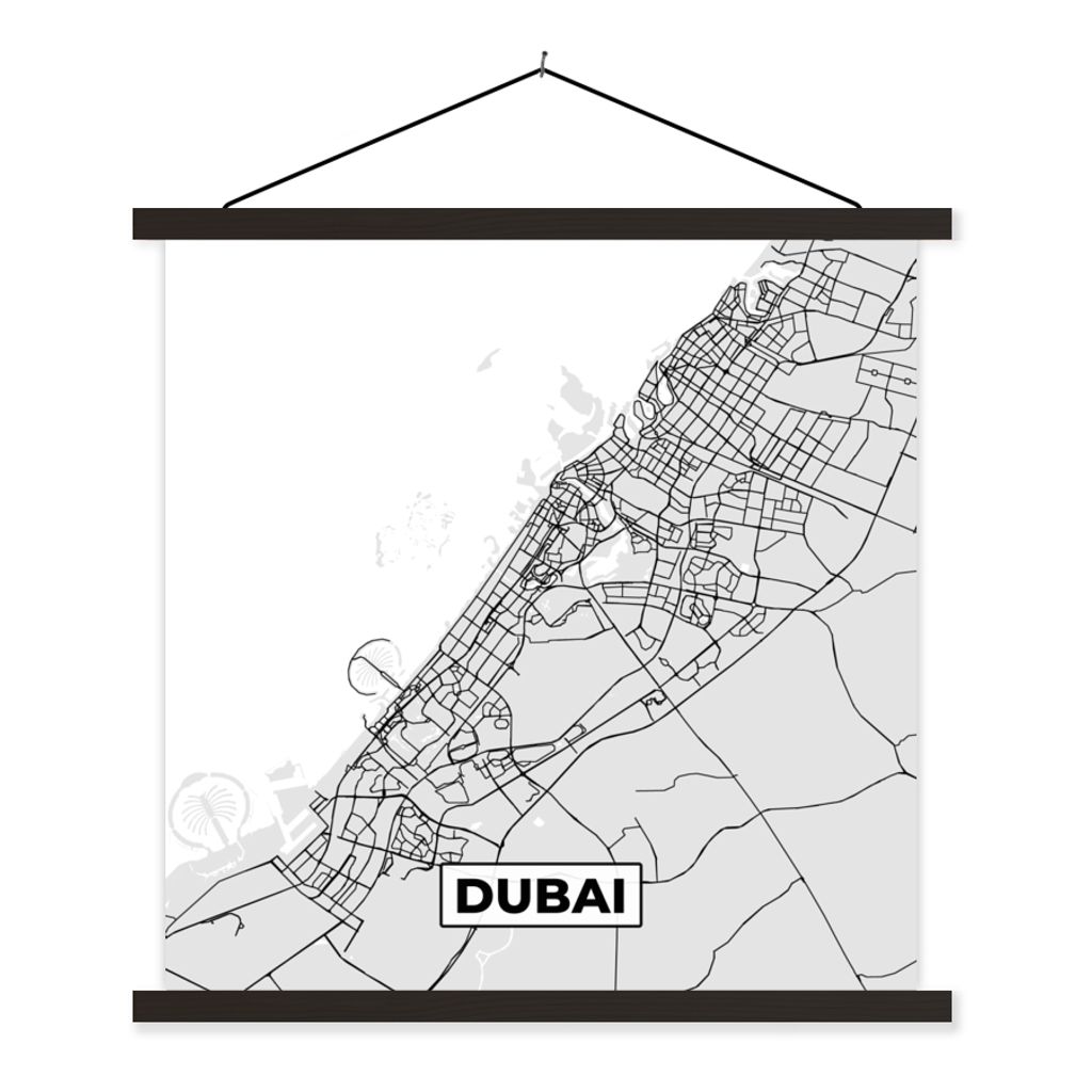 MuchoWow Textilposter Dubai - Stadtplan - Schwarz und Weiß - Karte 120x120 cm mit schwarzem Rahmen - Aufhängungsset