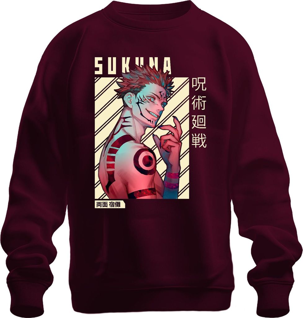 Sukuna Jujutsu Kaisen König der Flüche Anime rote Augen düster Uni Sweatshirt Pullover, Burgundy, XXL