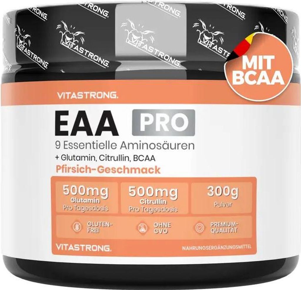 Essentielle Aminosäuren EAA PRO Vitastrong, 9 EAA Aminosäuren Pulver 300g, BCAA Verzweigtkettige Aminosäuren, Glutamin, L-Citrullin, L-Tyrosin, ...