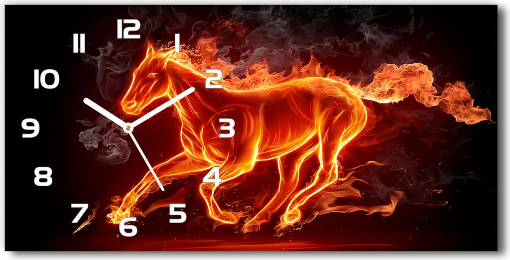 Wanduhr aus Glas – 60x30 cm - Glasbild - Glasuhr - Gehärtetes Glas - weisse-zeiger - Pferd in Flammen