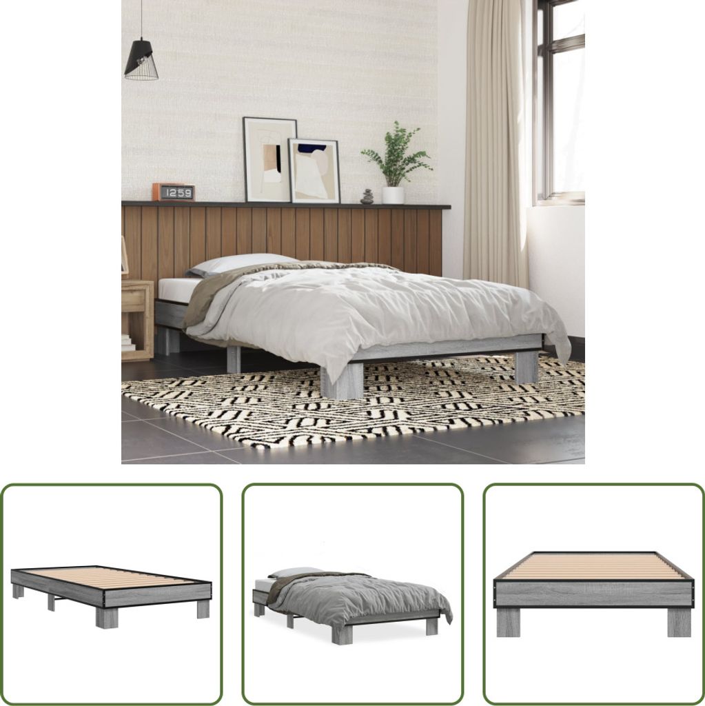 The Living Store Bettgestell Grau Sonoma 90x200 cm Holzwerkstoff und Metall