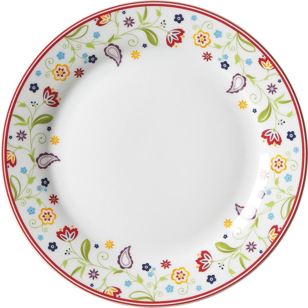 A single plate with a floral and paisley pattern around the rim, set against a white background.