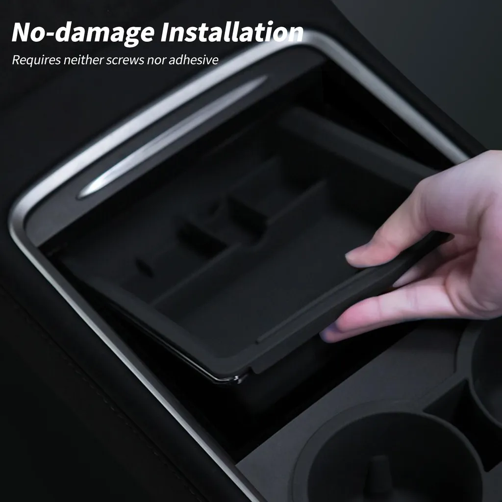 Kit Organizer Console Centrale Floccato 4 Pezzi Per Tesla Model 3/Y 2021-2023, Con Portabicchieri E Cassetto Nascosto