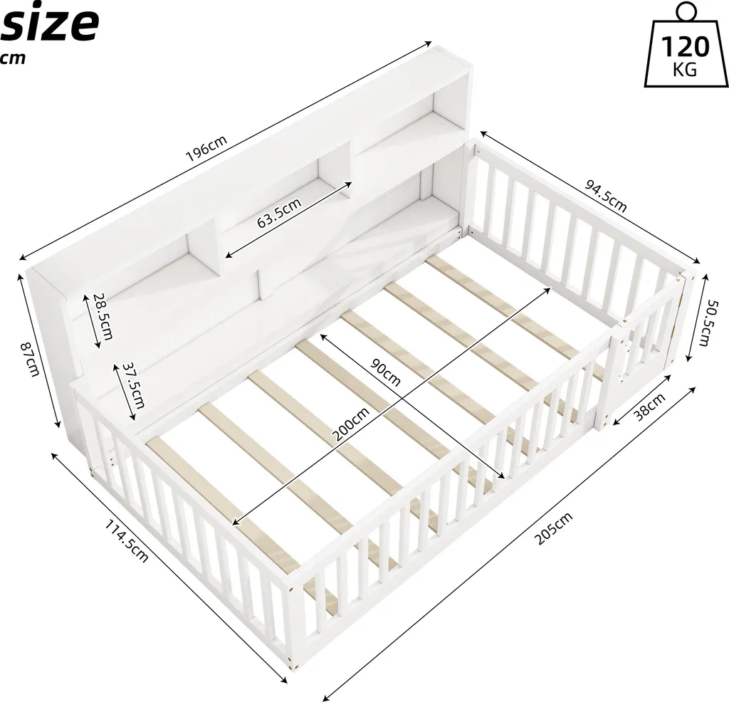 Lit enfant en bois blanc 90x200cm avec sommier et étagère intégrée