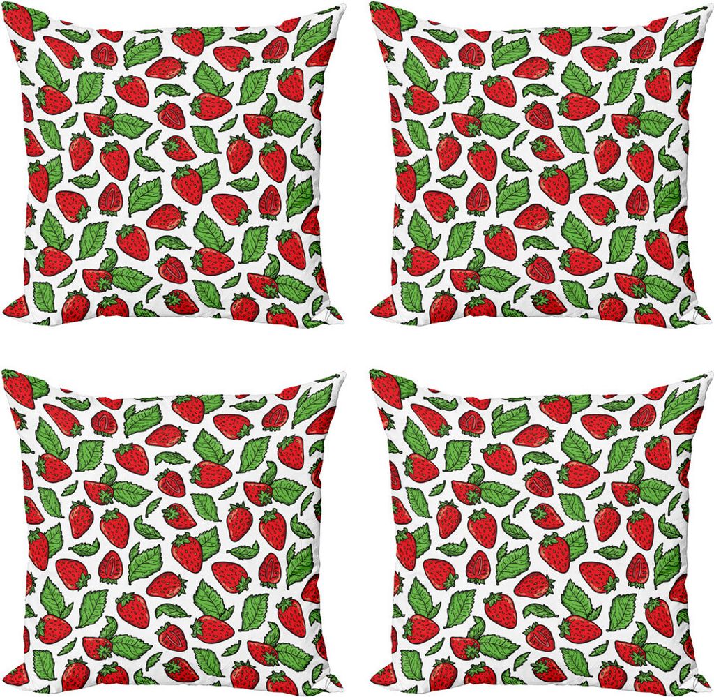 ABAKUHAUS Obst Kissenbezug Set (4 Stück), Saftige Erdbeeren Blätter, Moderner Doppelseitiger Digitaldruck, 60 cm x 60 cm, Rotes Farn-Grün