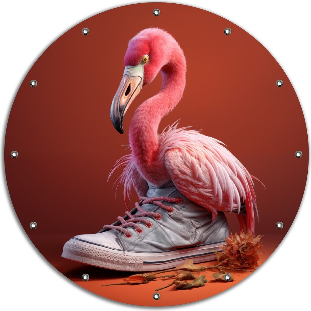 Wallario rundes Outdoor-Poster für Garten oder Balkon, Motiv Flamingo im Sneaker, 90 cm Durchmesser