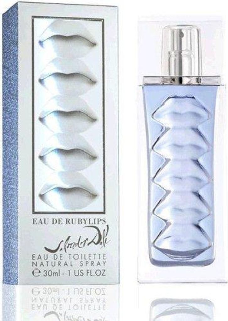 A product shot of a perfume bottle and its packaging, both featuring a distinctive lip design.