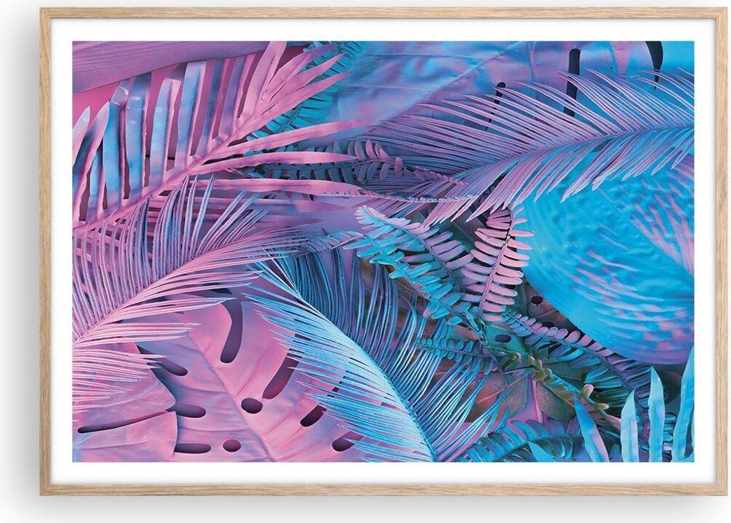 Gerahmtes Poster - Rahmen in heller Eiche - Blätter Rosa Blau - 100x70 cm - Wand Bild - Wanddeko - Wandbilder - Kunstposter - Wandposter - Bilderr...