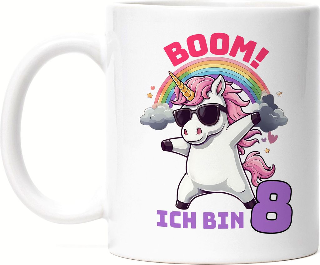 Boom Ich Bin 8 Tasse Weiß Kindergeburtstag Einhorn Geschenk Party Dabbing Regenbogen Spaß