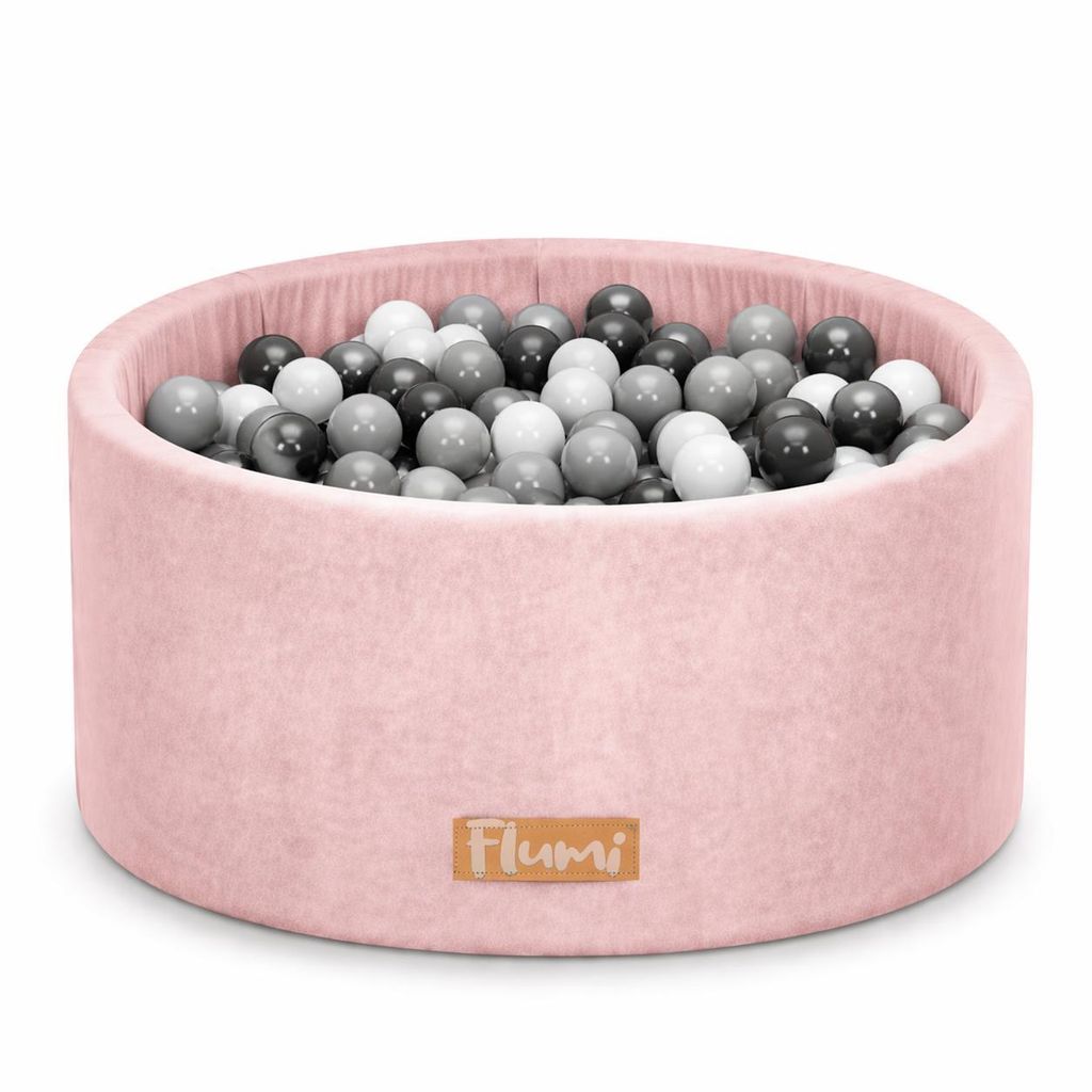 Flumi Bällebad Baby - Bällepool Kinder 90x40cm mit 200 Bällebad Bälle ∅ 7cm in EU hergestellt - Puderrosa + Silberne Bälle