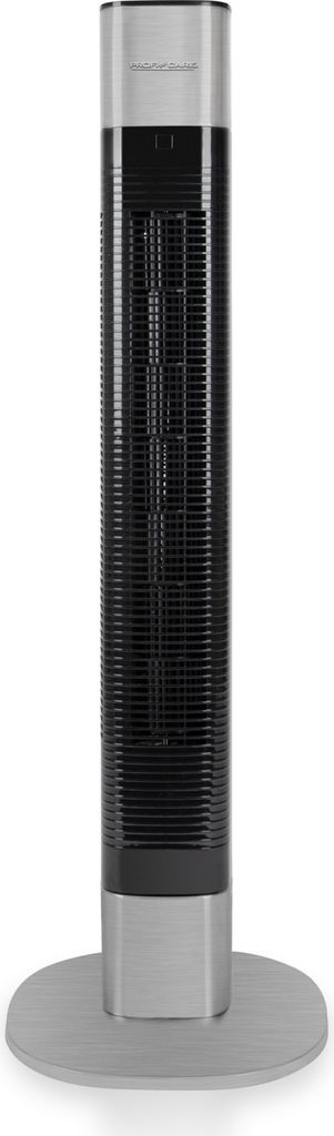 A black and silver tower fan with a round base, shown against a white background.