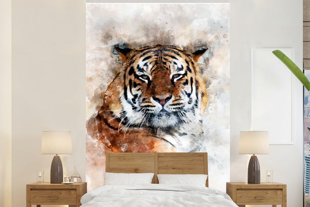 MuchoWow Fototapete für Wohnzimmer oder Schlafzimmer Wandtapete Vinyl Motivtapete Tiger - Kopf - Nebel - 160x240 cm - Vinyltapete